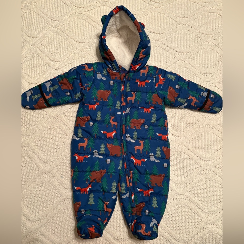 The Children's Place Blue Hooded Puffer Snowsuit with Animal Print